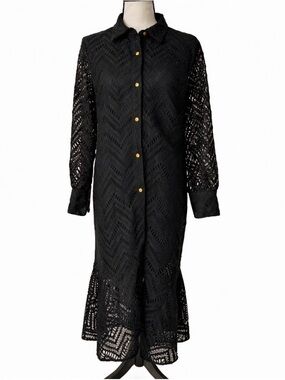 BIBA Black Lace Midi Maxi Shirt Dress Boho Goth Button Front Collared 16